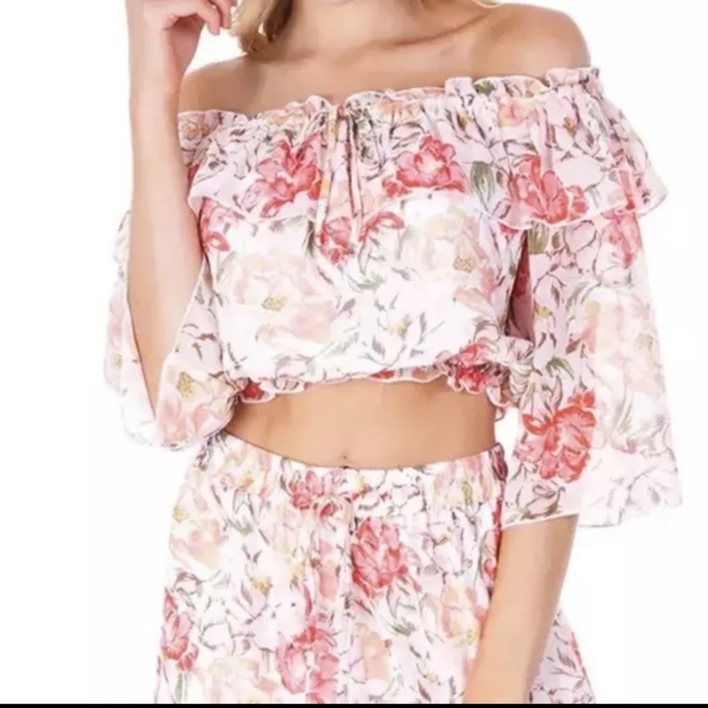 WAYF ($65) Womens Off Shoulder Floral BOHO Ruffle Crop Top  M Coastal Beachy